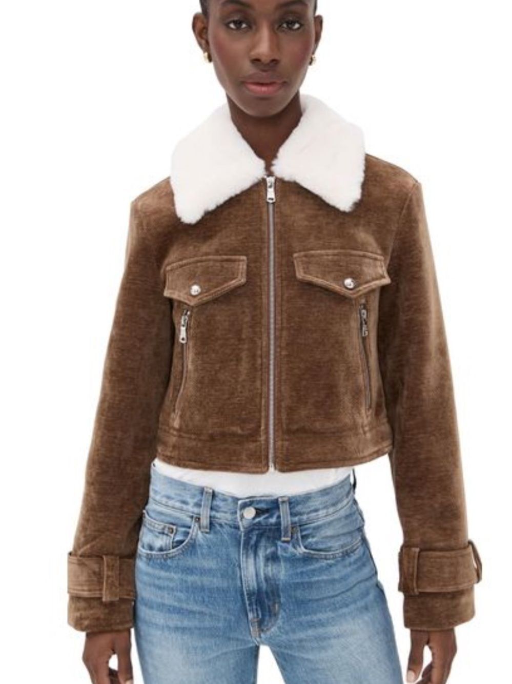 Avec Les Filles Brown heavy Jacket Cream Faux Fur Trim size XS new without tags